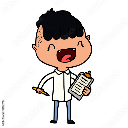 cartoon happy boy with clip board laughing