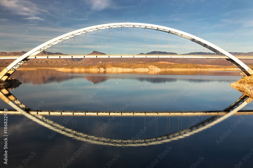 Roosevelt Lake and Bridge Viewpoint, an Engineering Masterpiece and one of Top Ten Steel Structures in USA at end of Apache Trail in Arizona Superstition Mountains Roosevelt Lake and Bridge Viewpoint, an Engineering Masterpiece and one of Top Ten Steel Structures in USA at end of Apache Trail in Arizona Superstition Mountains