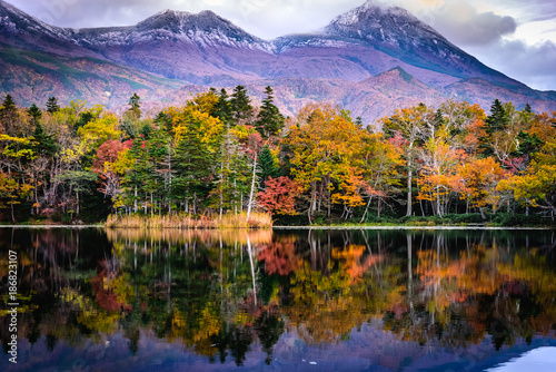 The autumn colors reflected in a lake at Shiretoko, Hokkaido, Japan