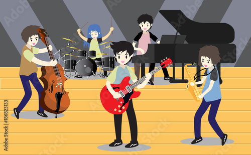 Musicians Jazz band ,Play Saxophone,bassist ,Piano, .Jazz band.Vector illustration isolated on background in cartoon style