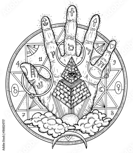 Graphic illustration with hand palm and mystic symbols. Freemasonry and secret societies emblems, occult and spiritual mystic drawings. Tattoo design, new world order. 