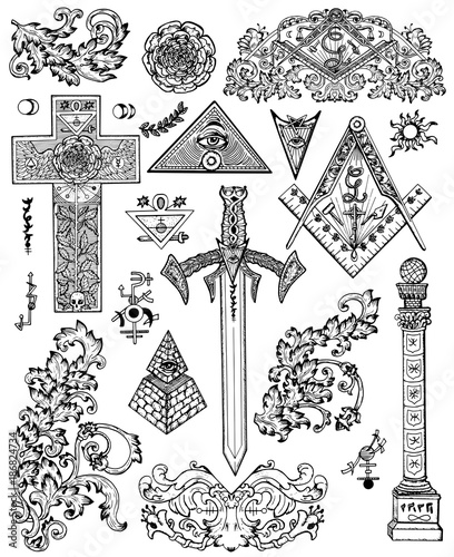 Design set with graphic drawings of mystic, religious and fantasy symbols. Freemasonry and secret societies emblems, occult and spiritual mystic drawings. Tattoo design, new world order. 