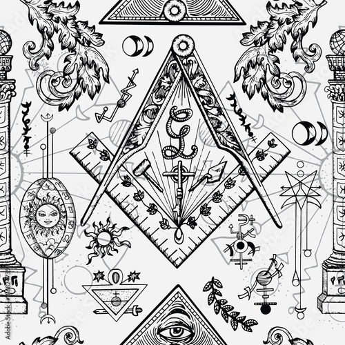 Seamless background with mason and mysterious symbols. Freemasonry and secret societies emblems, occult and spiritual mystic drawings. Tattoo design, new world order. 