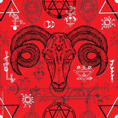 Seamless illustration with devil and death symbols on red, occult and spiritual mystic drawings