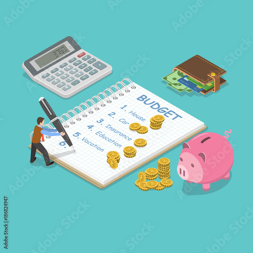 Family budget flat isometric vector concept. Man is planning the family budget and write down it into the notepad. There is some amount of money near of the each of the budget item.