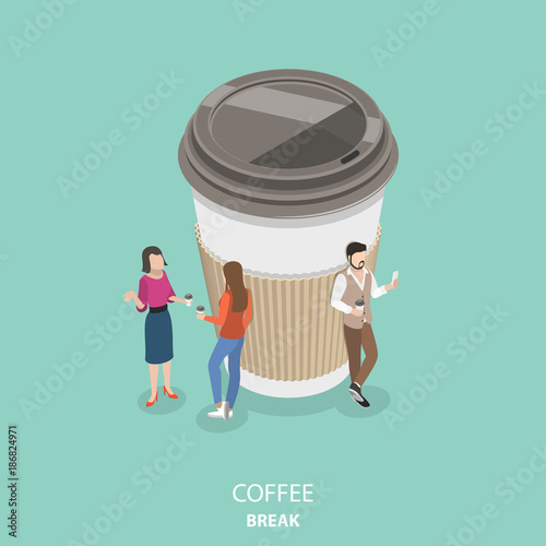 Coffee break flat isometric vector concept. Group of people are drinking coffee and chatting near the big paper coffee cup.