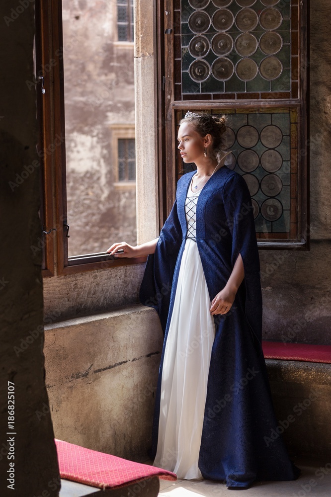 princess balcony medieval dress ancient young blue dress castle window  fairytale Stock Photo | Adobe Stock