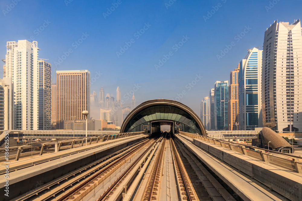 View of the Dubai Metro Red Line. 