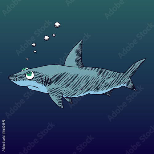 Cartoon character of shark with bubbles, hand drawn doodle sketch, vector color illustration