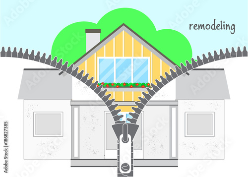Professional House Remodeling.  The zipper is unfastened and a renovated house is visible. Part two - remodeling. Flat design. Vector illustration EPS10. 