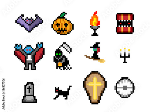 Set of Halloween object in pixel style for game
