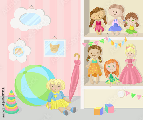 Playing room for girl  cozy kids interior with cute toys and furniture vector Illustration