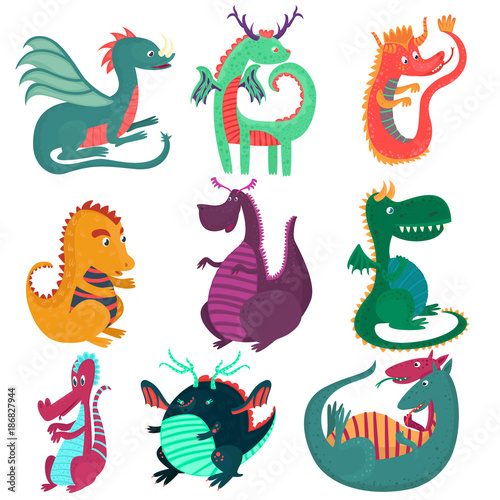 Cute funny dragon characters set, cchildish cartoon style fairy dragons vector Illustrations