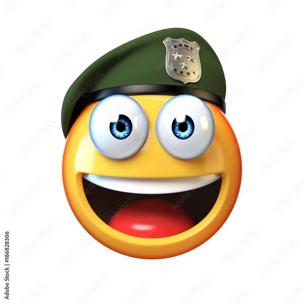 Emoji army solider isolated on white background, military emoticon wearing  beret 3d rendering Stock Illustration | Adobe Stock