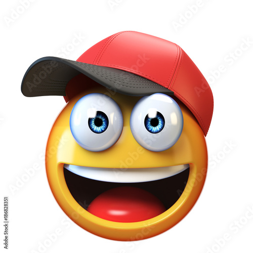 Canvas Print Smiling emoji wearing baseball cap isolated on white background, emoticon with h