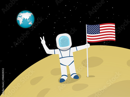 Astronaut on moon surface with US flag, vector photo
