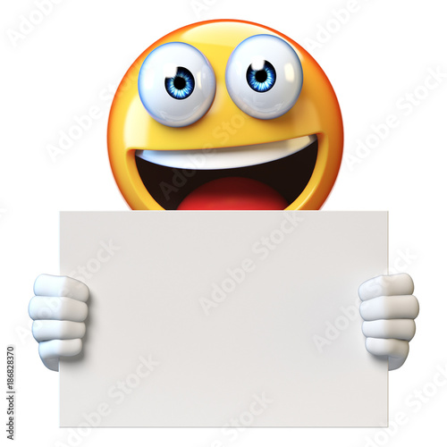 Emoji holding blank board isolated on white background, emoticon advertiser 3d rendering