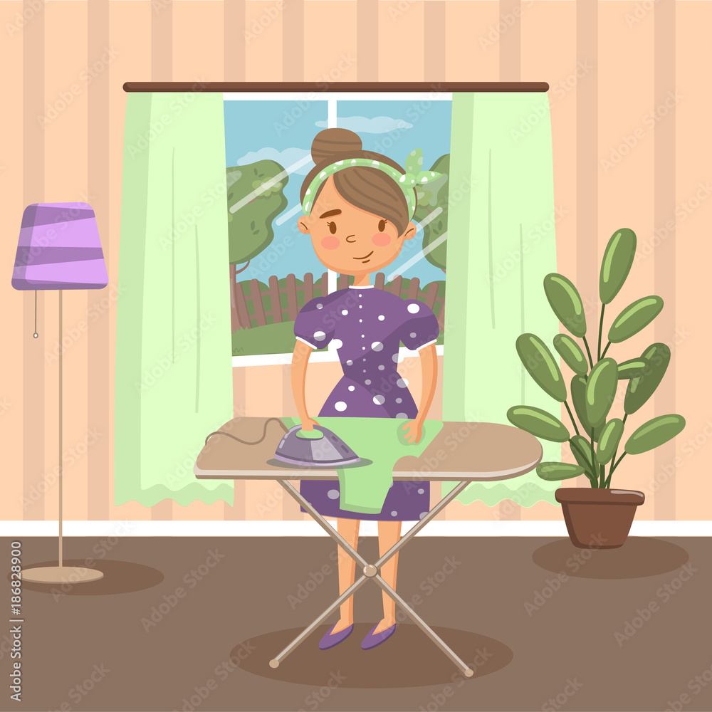 Woman housewife ironing clothes on an ironing board in living room vector illustration Woman housewife ironing clothes on an ironing board in living room vector illustration