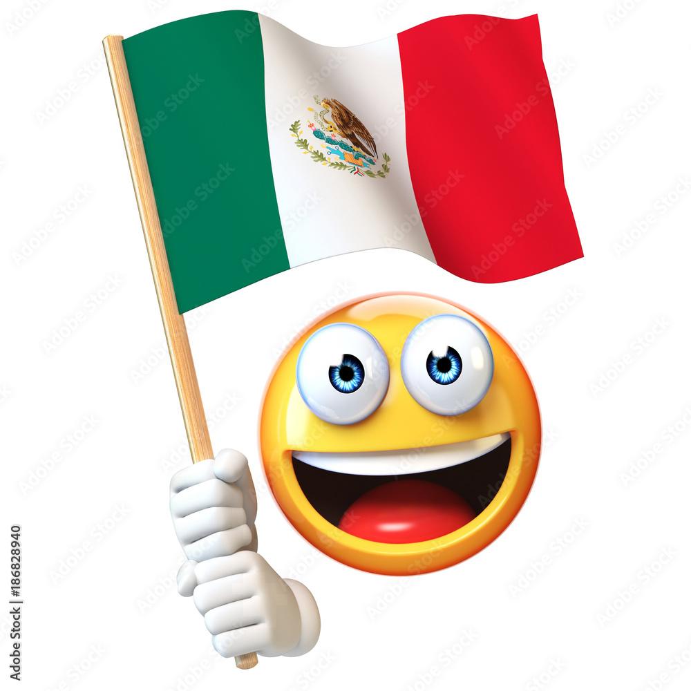 Emoji holding Mexican flag, emoticon waving national flag of Mexico 3d