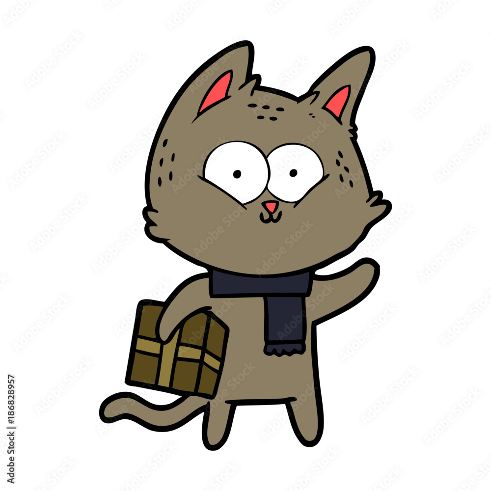 cartoon cat holding christmas present
