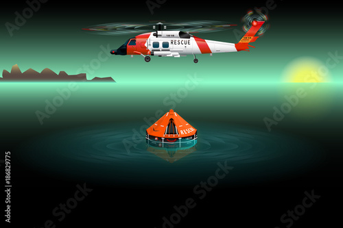 Helicopter of rescuers. Left view. Rescue raft. Catastrophe in the sea. Vector illustration