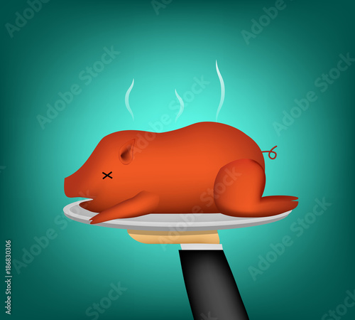 3D Barbecued suckling pig on waiter hand, vector