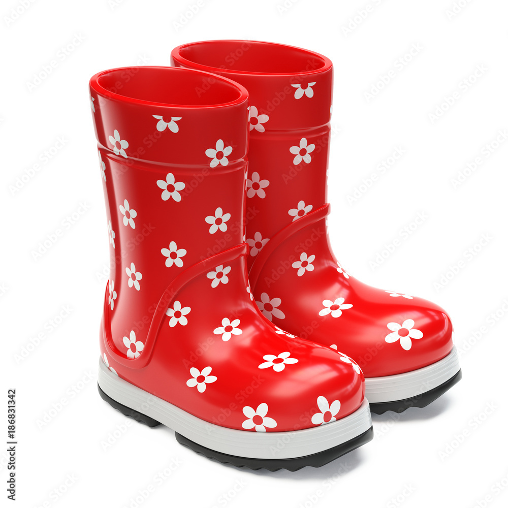 Red rubber rain boots isolated on white background 3d rendering Stock