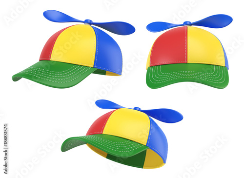Kids cap with propeller, colorful hat, various views, 3d rendering photo