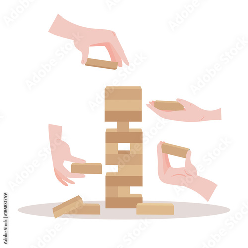 Tower game with hands. Wooden block game
