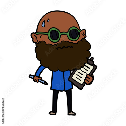 cartoon worried man with beard and sunglasses taking survey