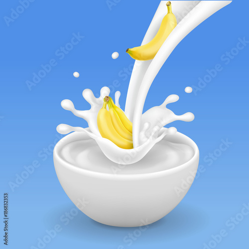 Banana and milk flow. Realistic fruit dessert in yogurt bowl