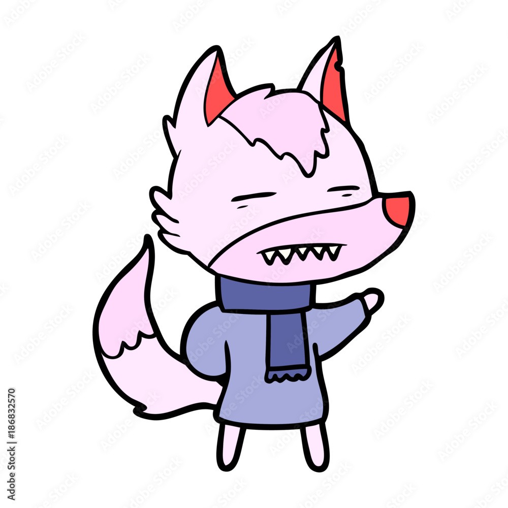 cartoon wolf in winter clothes