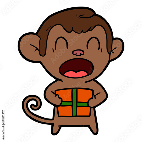 shouting cartoon monkey carrying christmas gift
