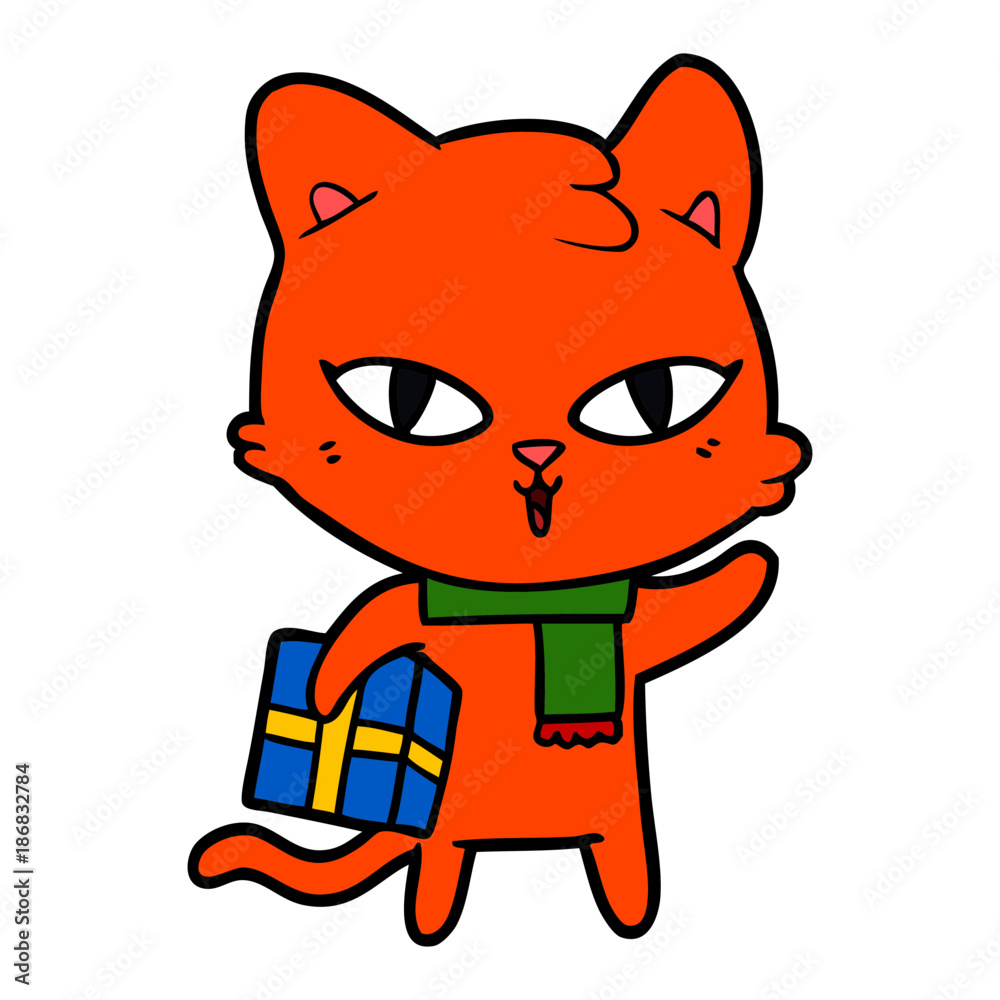 cartoon cat with a present cartoon cat with a present