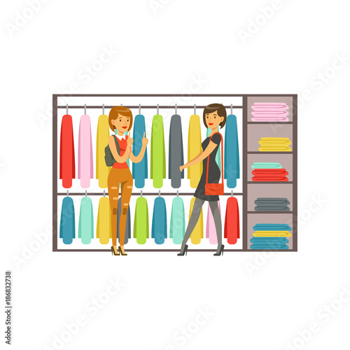 Women choosing dresses during shopping, beautiful girls buying clothing colorful vector illustration