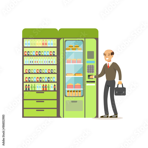 Businessman using automatic vending machine with fast food vector Illustration