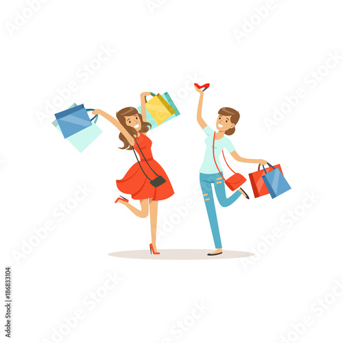 Young happy women having fun with shopping bags, girl shopping in a mall colorful vector illustration