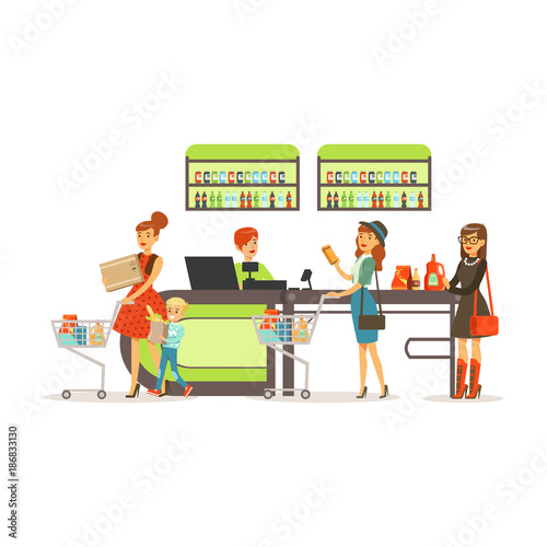 People shopping in supermarket, women paying purchase at cashier desk colorful vector illustration