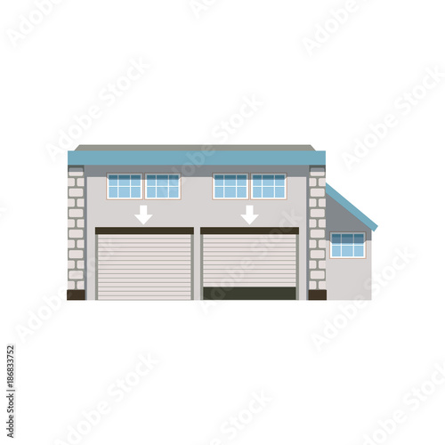 Modern industrial unit with roller doors, warehouse or garage building vector Illustration