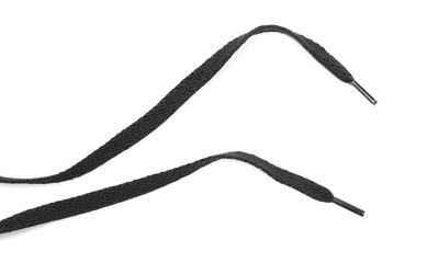 Black shoelaces isolated on white background, top view