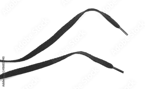 Black shoelaces isolated on white background, top view