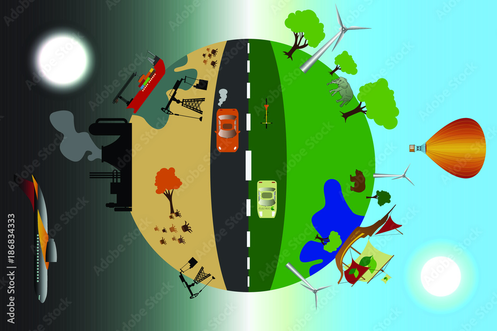 Environmental pollution illustration, comparative concept with clean