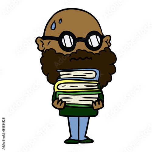 cartoon worried man with beard and stack of books