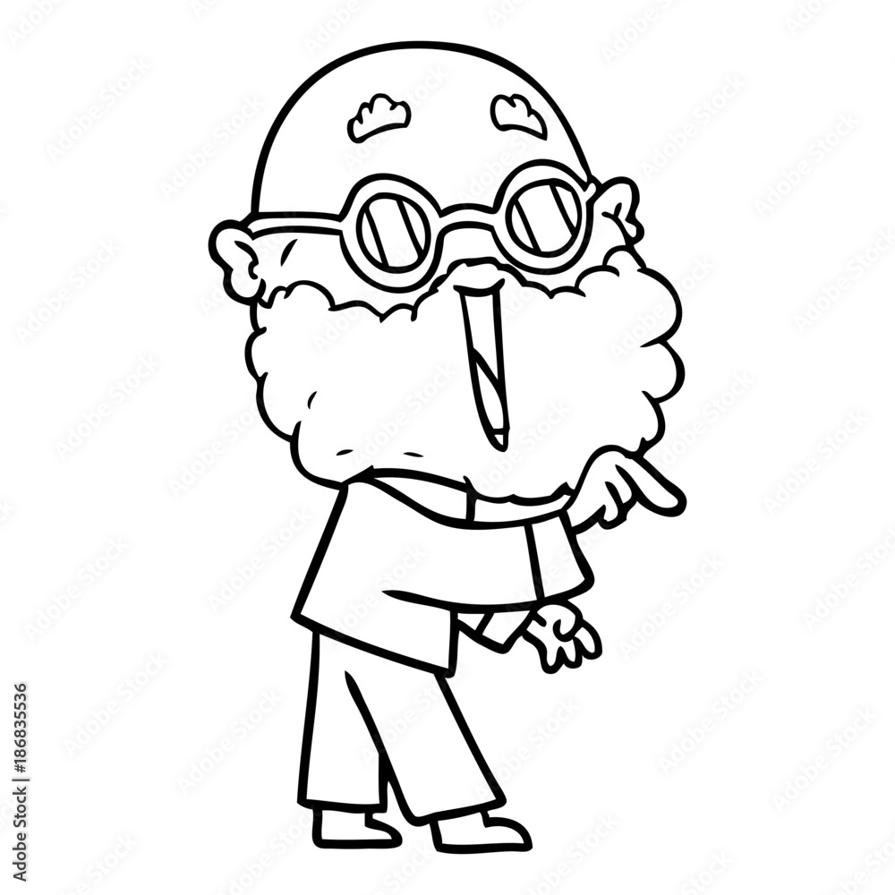cartoon joyful man with beard pointing finger cartoon joyful man with beard pointing finger