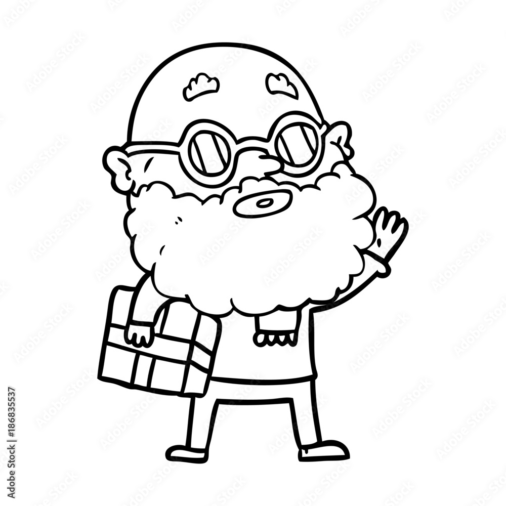 cartoon curious man with beard sunglasses and present