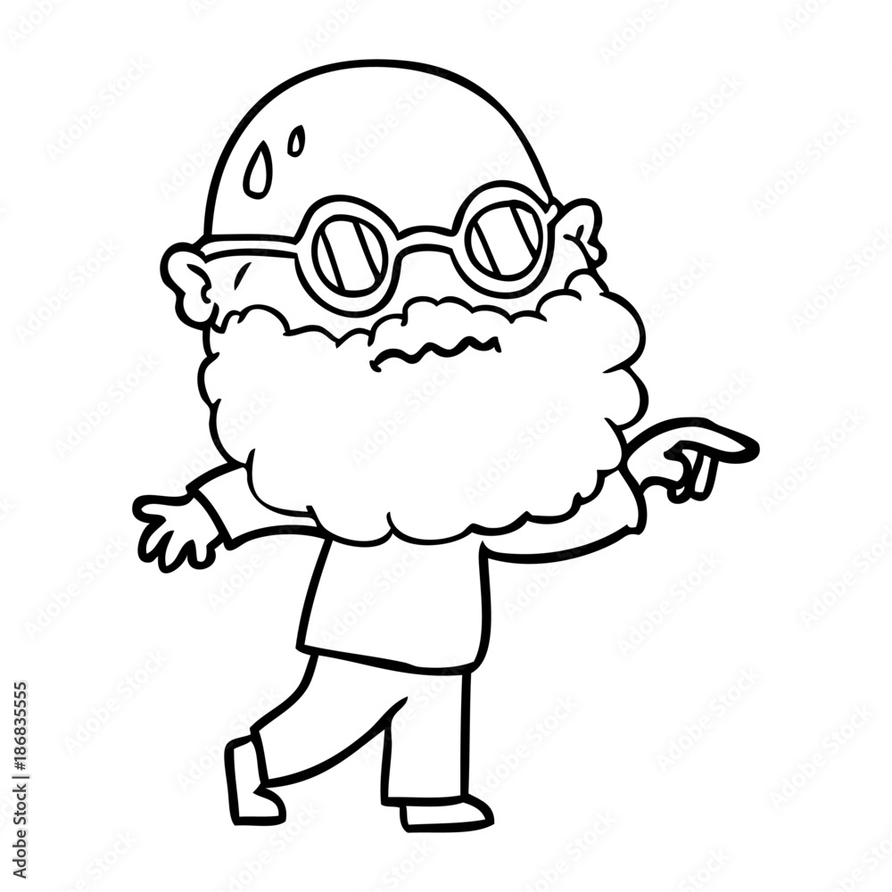cartoon worried man with beard and spectacles pointing finger