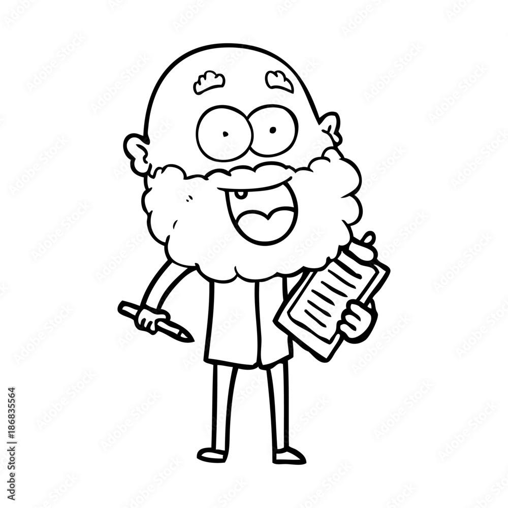 cartoon crazy happy man with beard and clip board for notes cartoon crazy happy man with beard and clip board for notes