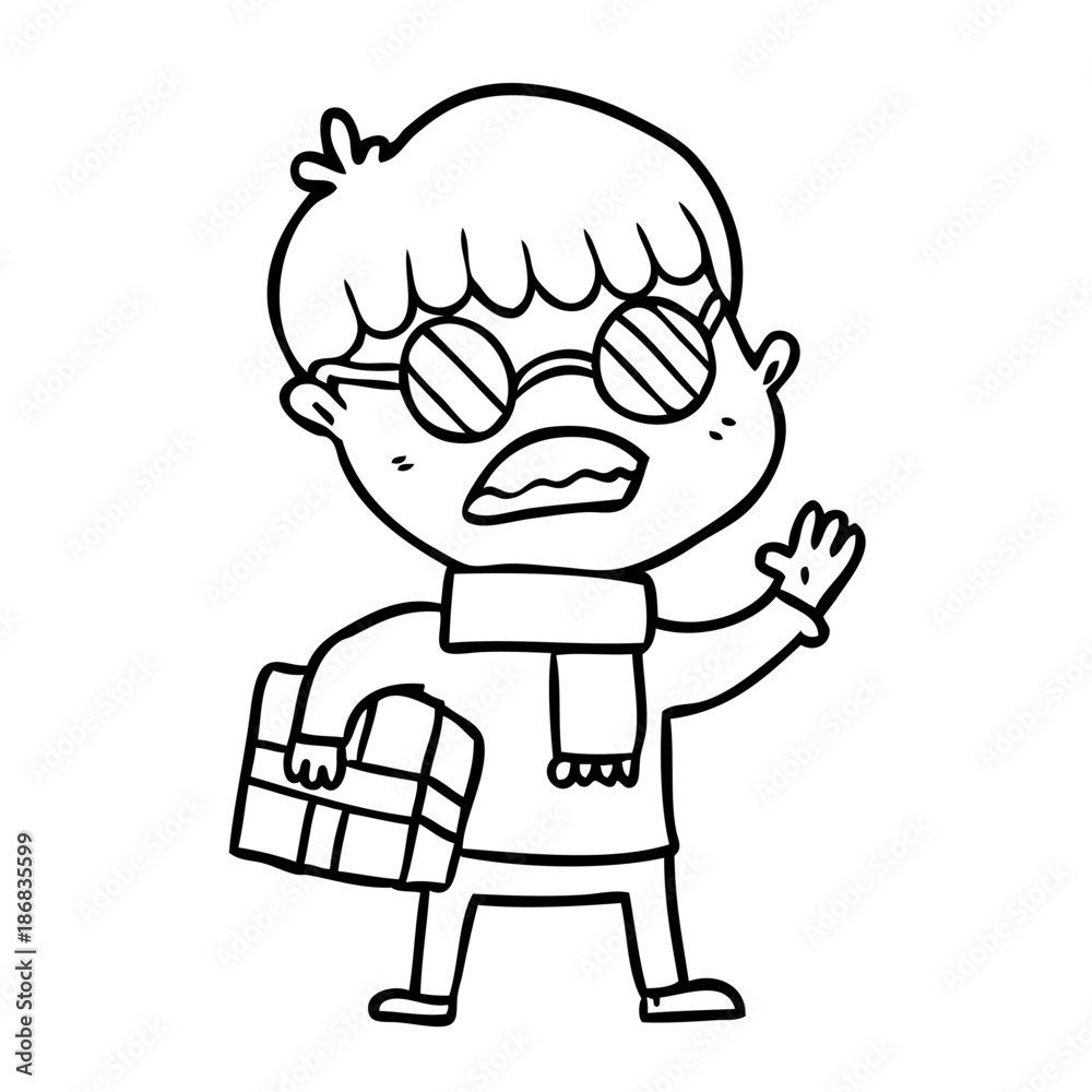 cartoon boy holding gift and wearing spectacles cartoon boy holding gift and wearing spectacles