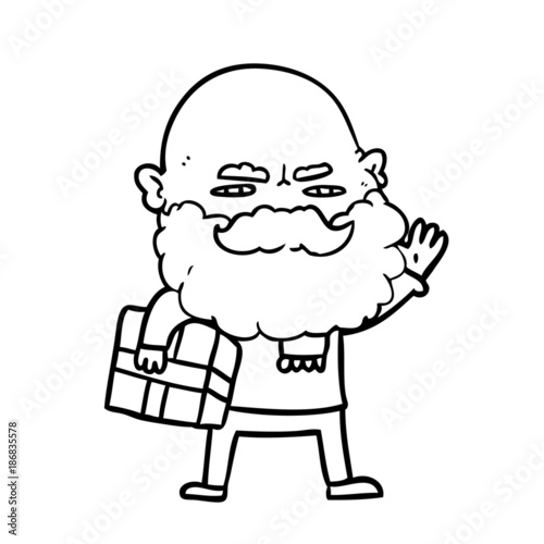 cartoon man with beard frowning with xmas gift