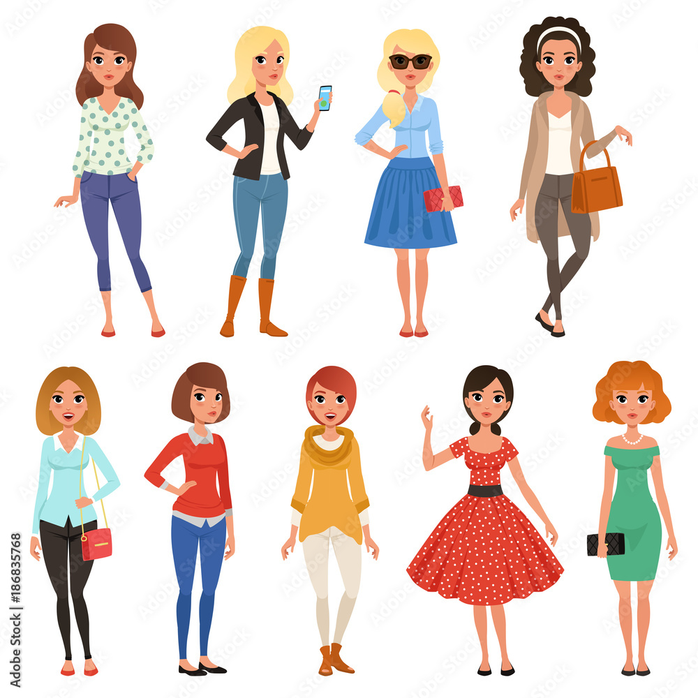 Set of attractive girls in fashionable casual clothes with accessories. Full-length of cartoon female characters with cheerful face expressions. Flat vector design Set of attractive girls in fashionable casual clothes with accessories. Full-length of cartoon female characters with cheerful face expressions. Flat vector design